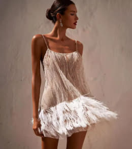 Feather Tassel Mesh Beaded Sling Women Dress Summer Elegant Sleeveless Female Holiday Beach Party Mini Dresses