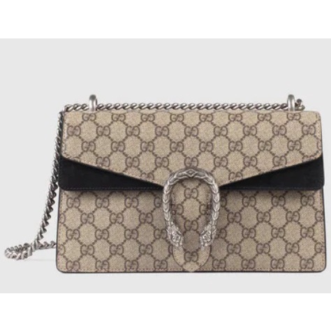 GUCCI DIONYSUS SMALL GG SHOULDER BAG - BEIGE/EBONY GG SUPREME CANVAS WITH BLACK SUEDE DETAIL