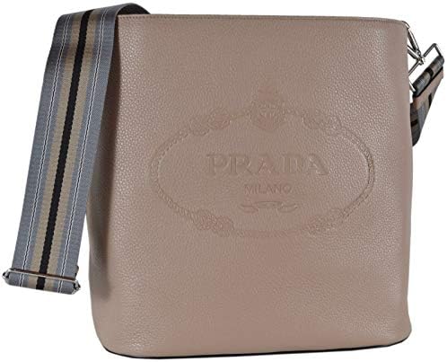 Prada Women’s Crossbody Bag 1BE057 Beige Pebbled Leather Tote with Logo Detail, Adjustable Web Stripe Strap, Silver Hardware, Made in Italy