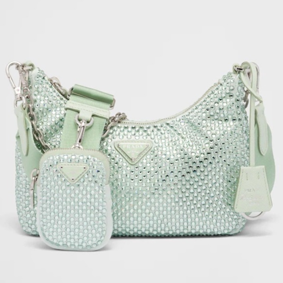 PRADA RE-EDITION 2005 SATIN BAG WITH CRYSTALS-AQUA