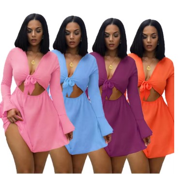 NO MOQ Wholesale Sexy Long Sleeve v Neck Beach Skirt Nightclub Dress Chiffon Stitching Party Solid Color Casual Women Clothing