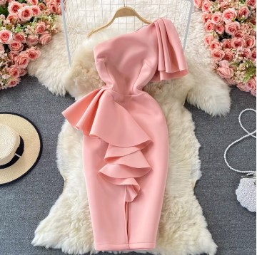 2022 Summer Trending Casual Ruched Bodycon One Shoulder Luxury Women Elegant Dresses With Slit
