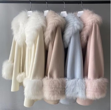 Handmade Outdoor Winter Loose Double Faced Real Big Fox Fur Collar Cuff Classic Custom Luxury Lady Women Wool Cashmere Coat