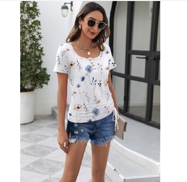 Womens Tops Short Sleeve Summer Henley Shirts Scoop Neck Ruched Blouses Dressy Casual Tunics Loose Fit Tops 2025 Trendy