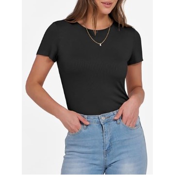 ANRABESS Women Short Sleeve Crewneck Ribbed Knit Slim Fitted Shirts Summer Tops Basic Tee Casual 2025 Fall Outfits Clothes