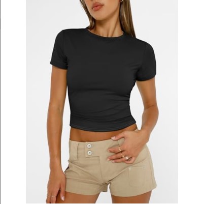 Trendy Queen Womens Short Sleeve T Shirts Summer Crop Tops Basic Slim Fit Gym Workout Y2k Clothes