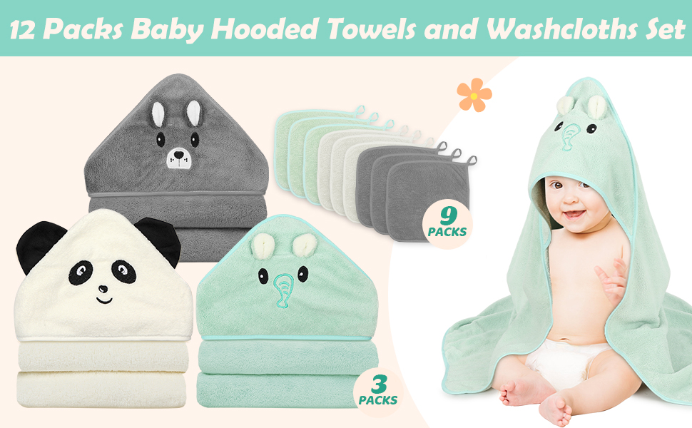 12 PCS Baby Towels, 3 PCS Soft Hooded Baby Towels & 9 PCS Washcloths, Baby Bath Towels for Newborns, Infants & Toddlers- Ultra Absorbent, Cute Baby Towel Gift for Boys & Girls