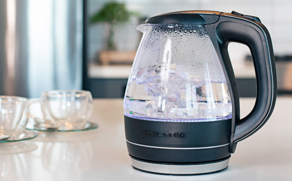 OVENTE Electric Kettle, 1.5L Borosilicate Glass Countertop Water Heater and Boiler for Coffee or Tea, BPA-Free, Auto Shut-Off, Boil-Dry Protection, Removable and Washable Spout Filter, Black KG83B