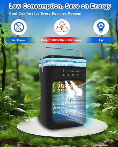 Portable Air Conditioner, 2025 Upgrade Evaporative Mini Portable AC Unit with 3 Adjustable Speed 2-4H Timer & 7-Color LED, Compact Cooling Fan for Bedroom, Home, Office, Small Rooms