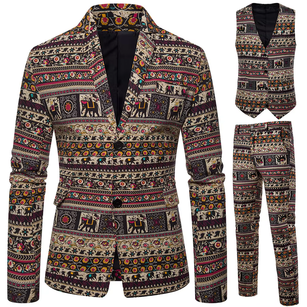 New Men's National Style Suit Two-piece Printed Suit Dress Men's Suit