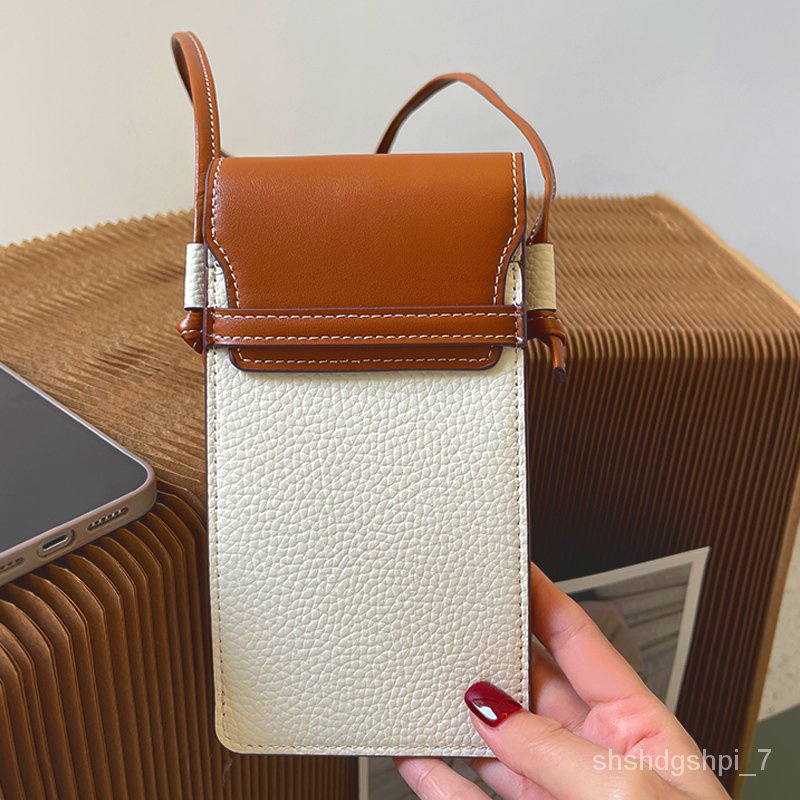 handphone sling bag Genuine Leather Women2022New Design Sense Simple Fashion First Layer Leather Contrast Color Mobile P