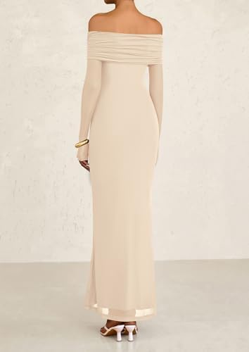 PRETTYGARDEN Fall Dresses for Women 2025 Elegant Off The Shoulder Long Sleeve Formal Wedding Guest Bodycon Maxi Dress