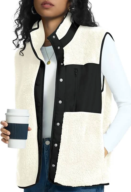 Rapbin Vests for Women Lightweight Stand Collar Sherpa Fuzzy Fleece Vest Buttoned Sleeveless Jackets with 3 Pockets