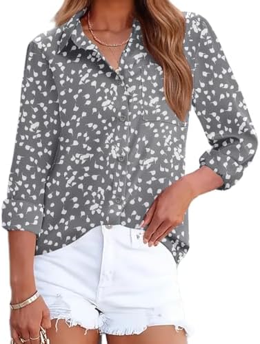 HOTOUCH Womens Button Down Shirts Long Sleeve Dress Shirts Casual V Neck Collared Tops Work Office Blouse with Pocket