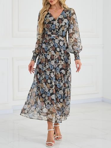 ANRABESS Womens Floral Long Sleeve Maxi Dress V Neck Chiffon Flowy Boho A-Line 2025 Fall Wedding Guest Party Wrap Dresses