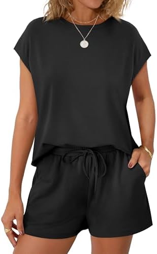 WIHOLL Two Piece Sets for Women Summer Crew Neck Lounge Short Sets Cap Sleeve Drawstring Sweatsuit with Pocket