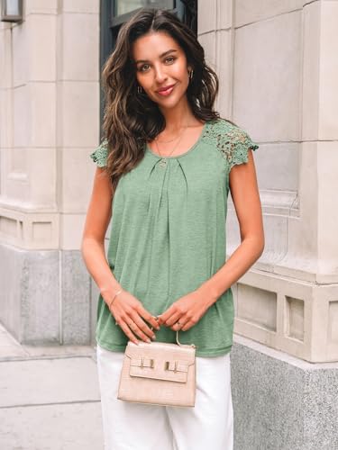 AUTOMET Womens Lace Tops Pleated Short Sleeve Shirts Summer Business Casual Dressy Blouses