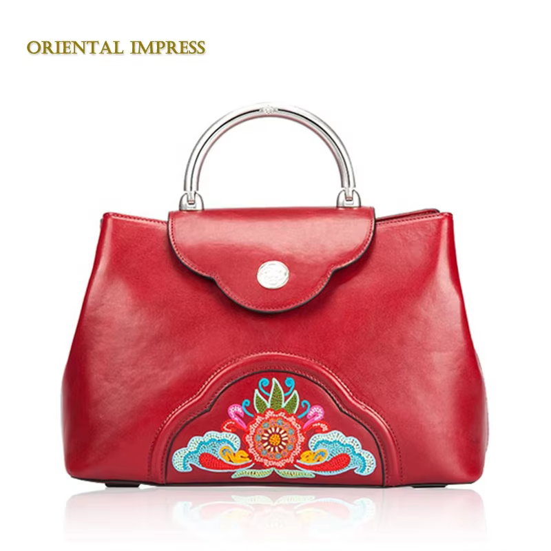 2021 oriental handmade embroidered ladies leather handbag with silver handle