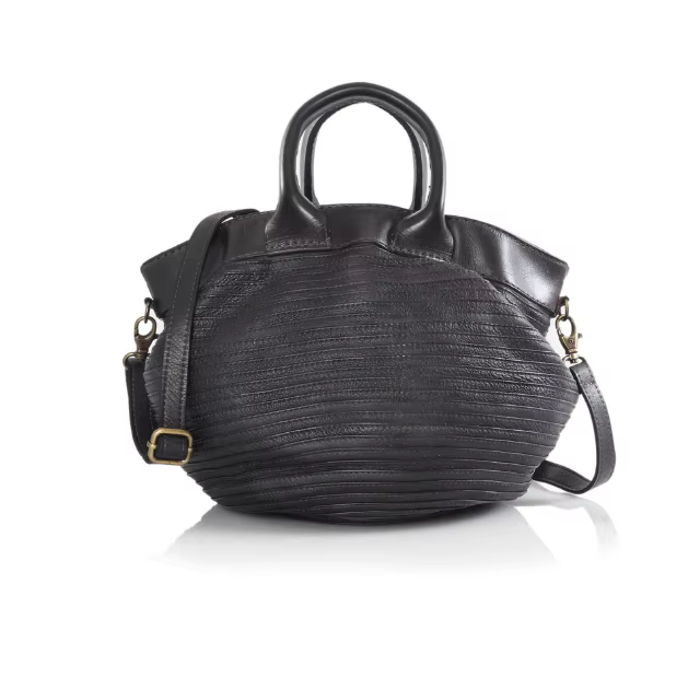 High Italian Double Handle Zipper Closure Genuine Black Leather Handbag For Daily Shopping