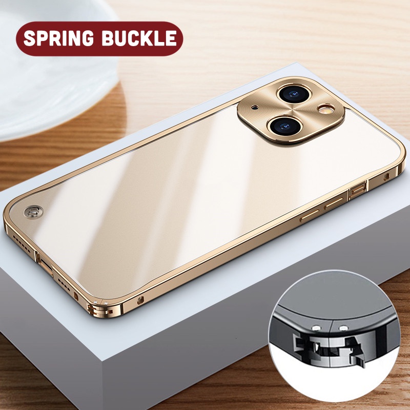 Luxury Metal Frame Matte Phone Case For iPhone 15 14 13 12 Pro Max 11 Pro Max Spring buckle Translucent Back PC Hard Cover Casing iPhone
