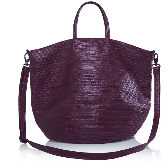 High Italian Handicraft Double Handle Zipper Closure Genuine Aubergine Color Leather Handbag For Woman