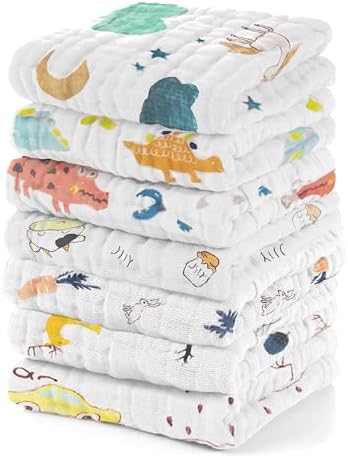 Muslin Baby Washcloths Pack of 7-Soft Sweat Cloths for Newborn,Absorbent Baby Bath and Face Towels,100% Cotton Baby Wipes,Burp Cloths,Feeding Towels for Babies and Infants,Mix Pattern-10 x 10’’