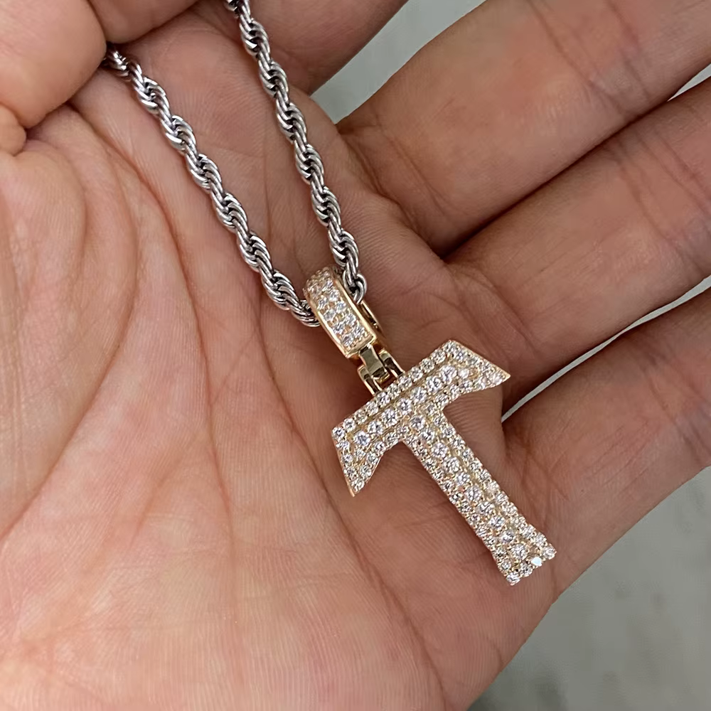 HQ Gems 9K Yellow Gold With Natural Diamond Letter T Pendant Necklace For Men