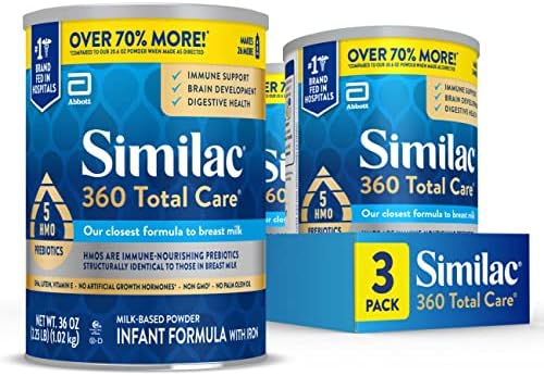 Similac 360 Total Care Infant Formula, Has 5 HMO Prebiotics, Our Closest Prebiotic Blend to Breast Milk, Non-GMO, Baby Formula Powder, 36-oz Value Can, Pack of 3
