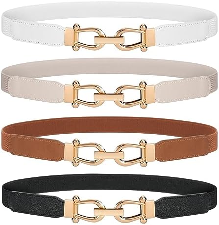 WERFORU Women Skinny Belt for Dresses Retro Stretch Waist Belt with Gold Buckle Set of 4