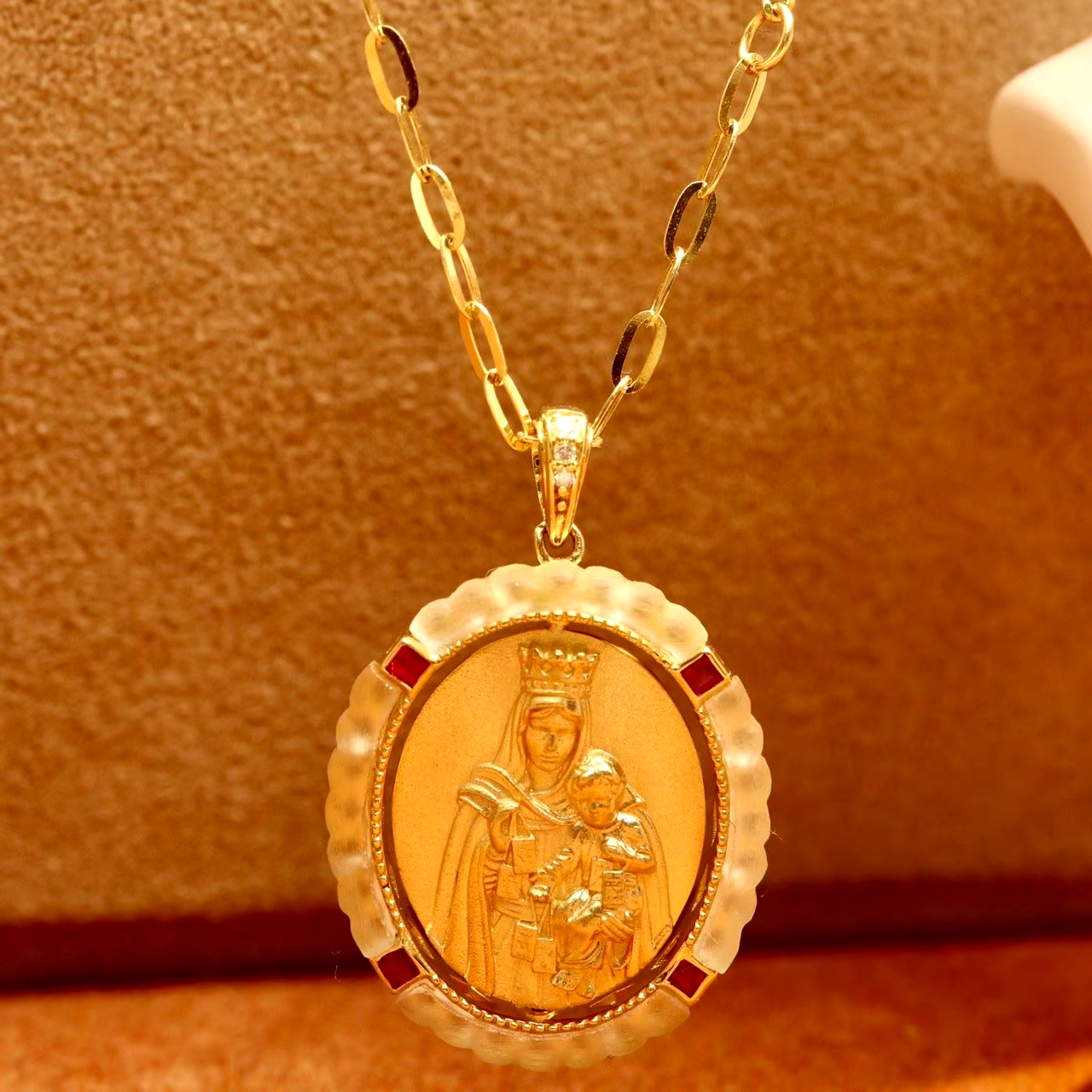 18K Yellow Real Gold AU750 Ruby Diamond Jewelry Women Virgin Mary Portrait Coin OT clasp Necklace
