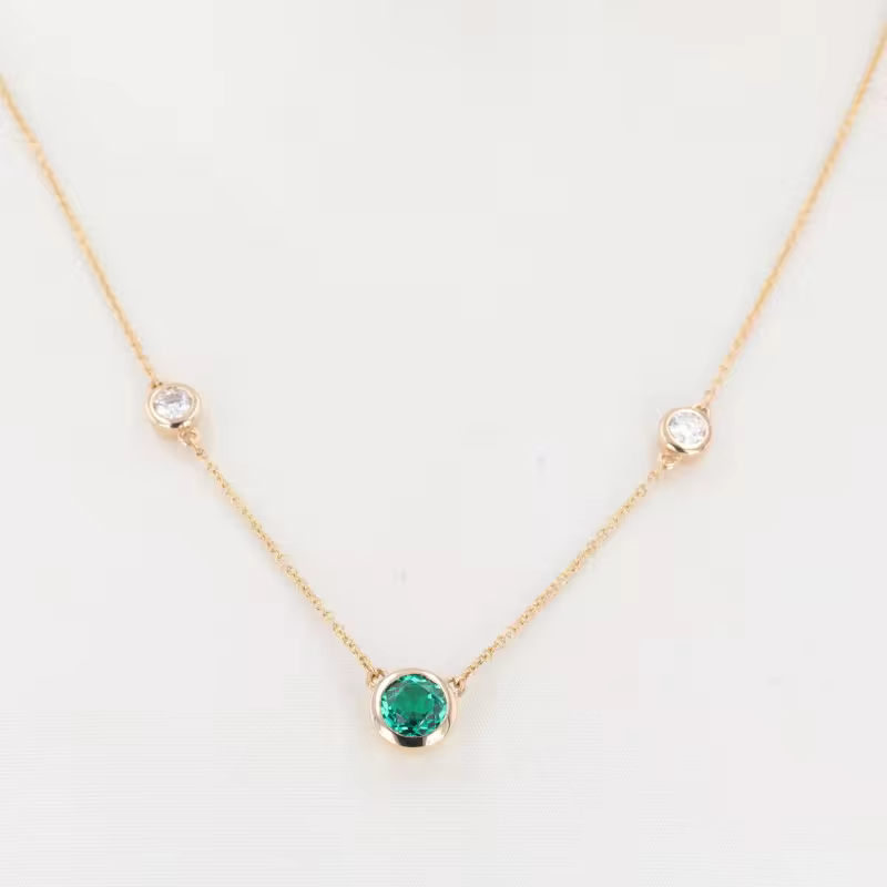 Fine jewelry necklaces lab emerald columbia stone round shape diamond necklace 14k gold 17 inches.