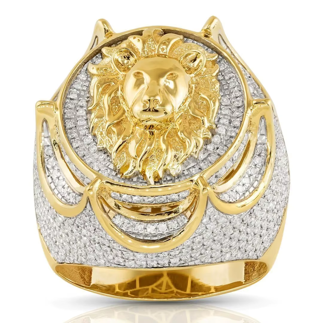 Iced Out Round VVS Moissanite Diamond Lion Face Ring 10K Yellow Gold Customize Ring Hip Hop Jewelry Wedding Rings