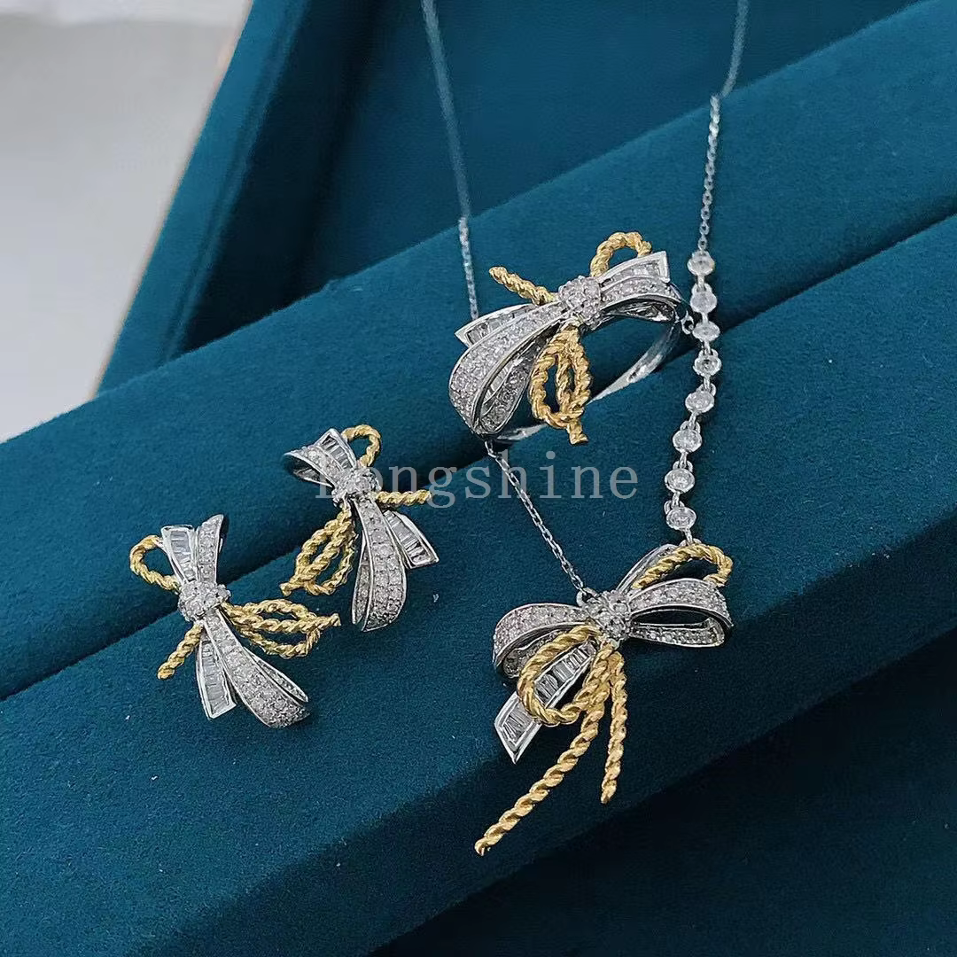 Longshine Butterfly Bowknot Shape 18k Gold Diamond Beautiful Ring And Necklace For Women