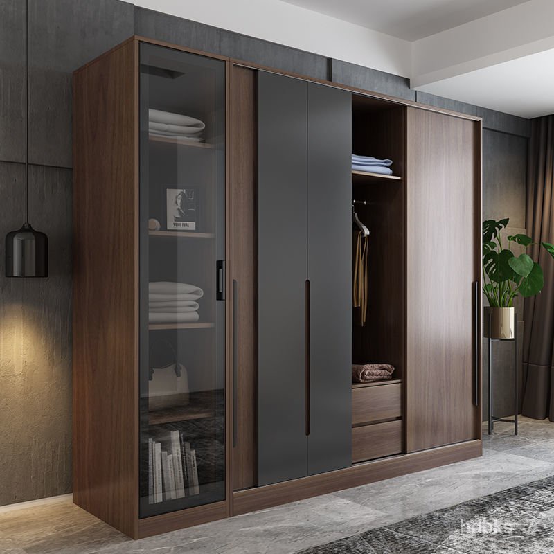 Spot Tang ShanTANGSHAN Nordic Simple Bedroom Small Apartment Sliding Door Wardrobe Household Walnut Assembled Sliding D