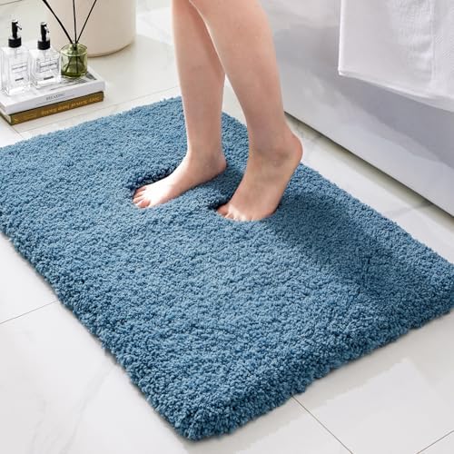 Bathroom Rugs 17x24, Ultra Thick Shaggy Soft Absorbent Bath Rug, High Density Foam Latex Non Slip Backing, Machine Washable Bath Mats for Bathroom Floor, Home Decor Accessories, Blue