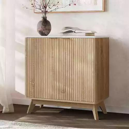 29'' Sideboard Buffet Cabinet with Storage, Fluted Cabinet with Rounded Corners, Modern Buffet Table Accent with 2 Doors for Coffee Bar, Console Table,Oak