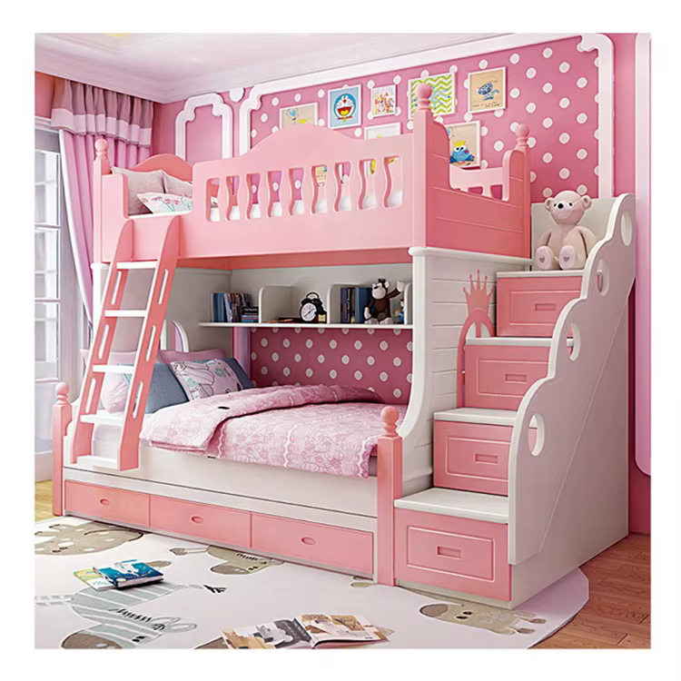 wooden Bunk bed cheap double colorful modern Children bedroom furniture pink Factory directly wooden Princess Bed