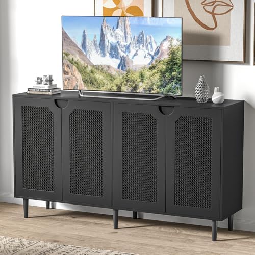 63" Rattan Sideboard Buffet Cabinet with 4 Doors, Wood Large Kitchen Storage Cabinet Black Accent Cabinet with Adjustable Shelf Credenzas for Kitchen Living Room Hallway
