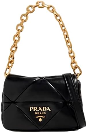 Prada Women's Gold Logo Black Quilted Nappa Patch Leather Small Shoulder Bag 1BD392