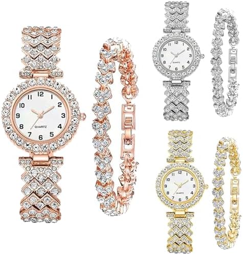 6 Pack Set Diamond Watches and Bangle Bracelet for Women Analog Quartz Wristwatch Jewelry Assorted Wholesales Silver Rosy Gold Ladies