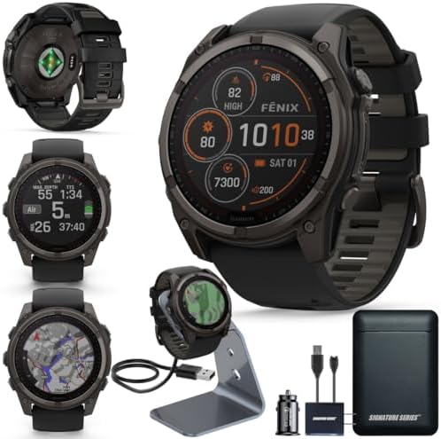 Garmin Fenix 8 Premium Multisport GPS Running Smartwatch, 51 mm, Sapphire, Solar, Dive-Rated, Built-in Flashlight, DLC Titanium with Pebble Gray Band - Signature Series Charging Stand