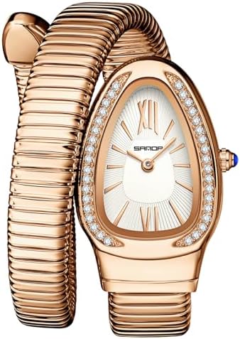 Gosasa Stylish Women's Snake Shape Bangle Watch Unique Design Snake Coil Elegant Dress Diamond Bracelet Ladies Quartz Wristwatch with Roman Numerals Dial