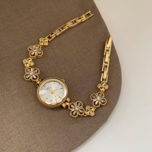Gosasa Vintage Gold Watch for Women Hollow Four Leaf Chain Bracelet Dainty Small Ladies Dress Quartz Watch Waterproof Luxury Gift