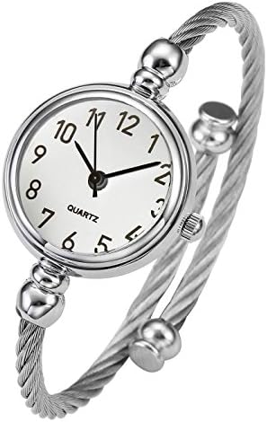 Top Plaza Womens Fashion Analog Quartz Bangle Cuff Wrist Bracelet Watch Elegant Stainless Steel Wire Band Arabic Numerals Dress Watches