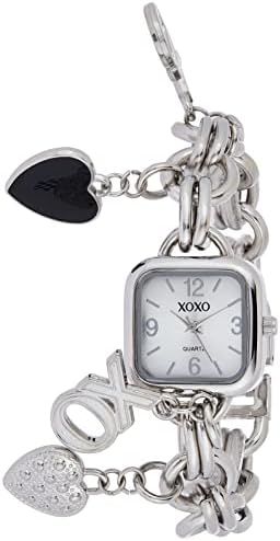 XOXO Women’s Charm Bracelet Watch with XO and Heart Charms, Quartz Analog Display, Polished Silver-Tone Finish, Jewelry Clasp Closure, Box Included, Fits Wrists 5.5"–8.5"