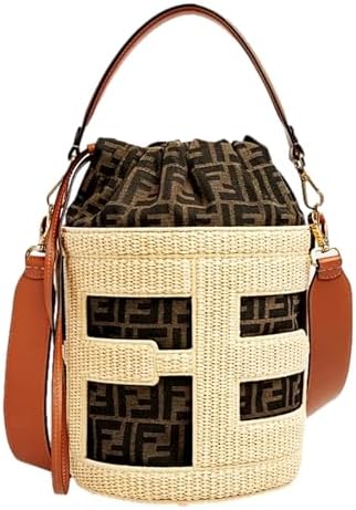 FENDI Step Out Bucket Bag, Medium Canvas and Leather, Woven Pattern FF Logo