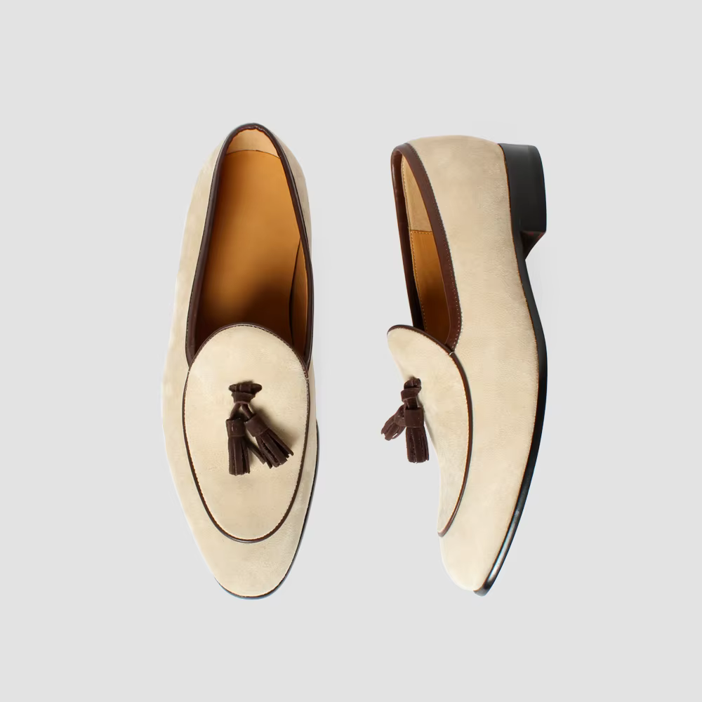 Vikeduo Hand Made Mens High Quality Apricot Suede Slipper Loafers Cool Fashion Men Tassel Leather Casual Shoes