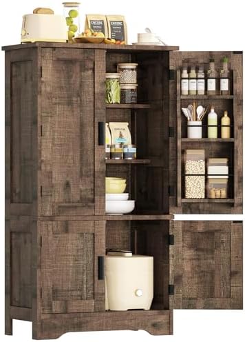 usikey Storage Cabinet with 4 Doors, 43.3" H Farmhouse Kitchen Cabinet with 6 Door Shelves, Kitchen Storage Cabinets with Adjustable Shelves, for Living Room, Antique Oak