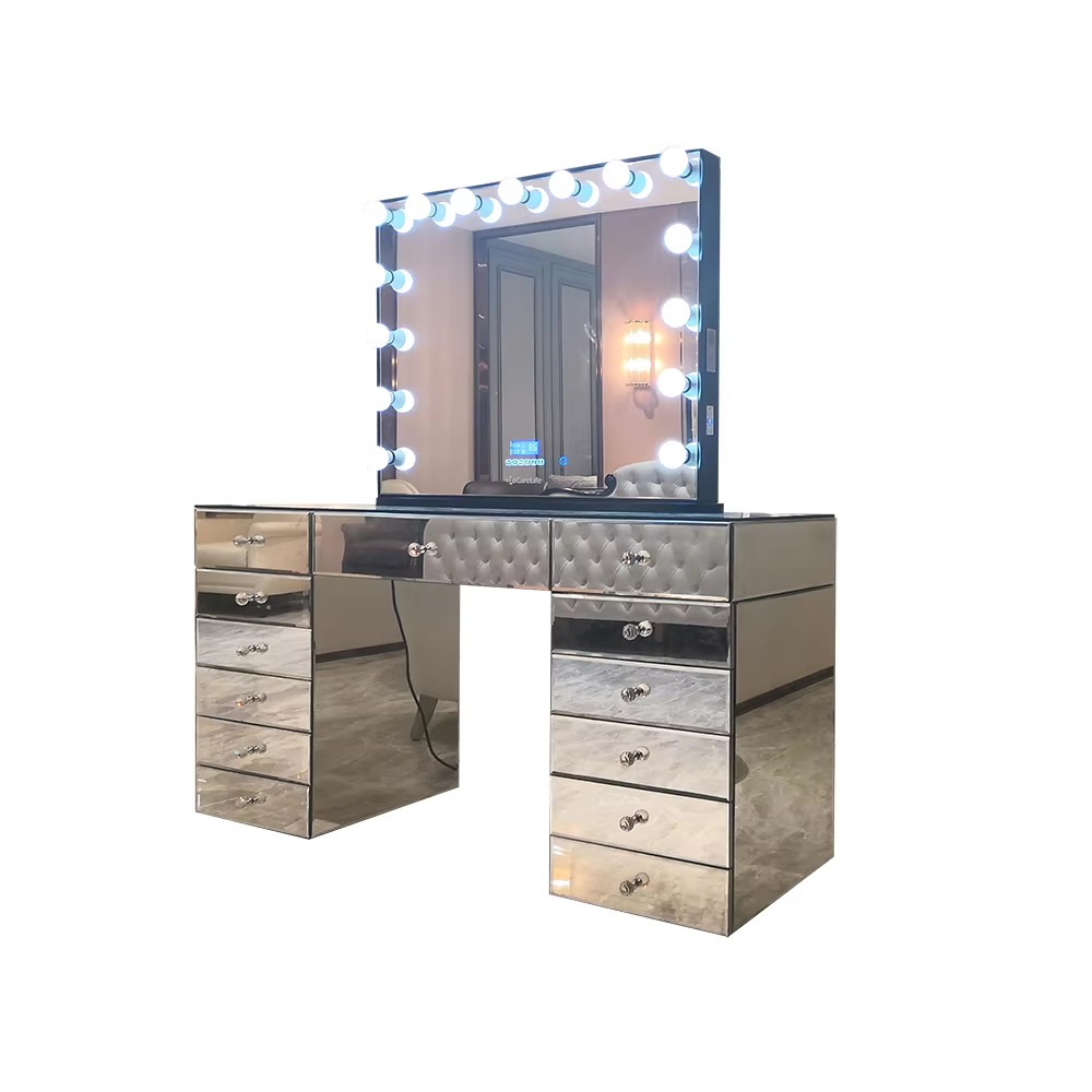 Stock in US! Docarelife Hollywood Furniture Makeup Vanity Desk Lighted Mirrored Dresser Glass Dressing Table