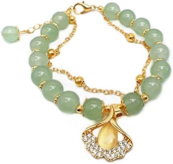 CJIAYUJEW Hotan Jade Leaf Bracelet Natural 2-Layer Green Nephrite Jade Bracelet for Women Round Bead Design with Zircon Leaf Charm Bracelet,Lucky Crystal Bracelet Ladies Jewelry